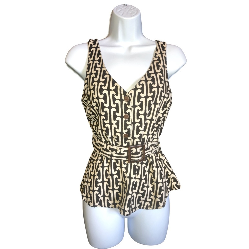 Monteau Black and Cream Patterned Linen Blend Peplum Vest Blouse S